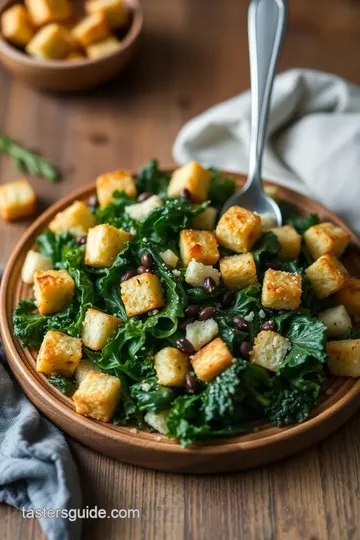 Baked Kale Caesar Salad with Millet Croutons presentation